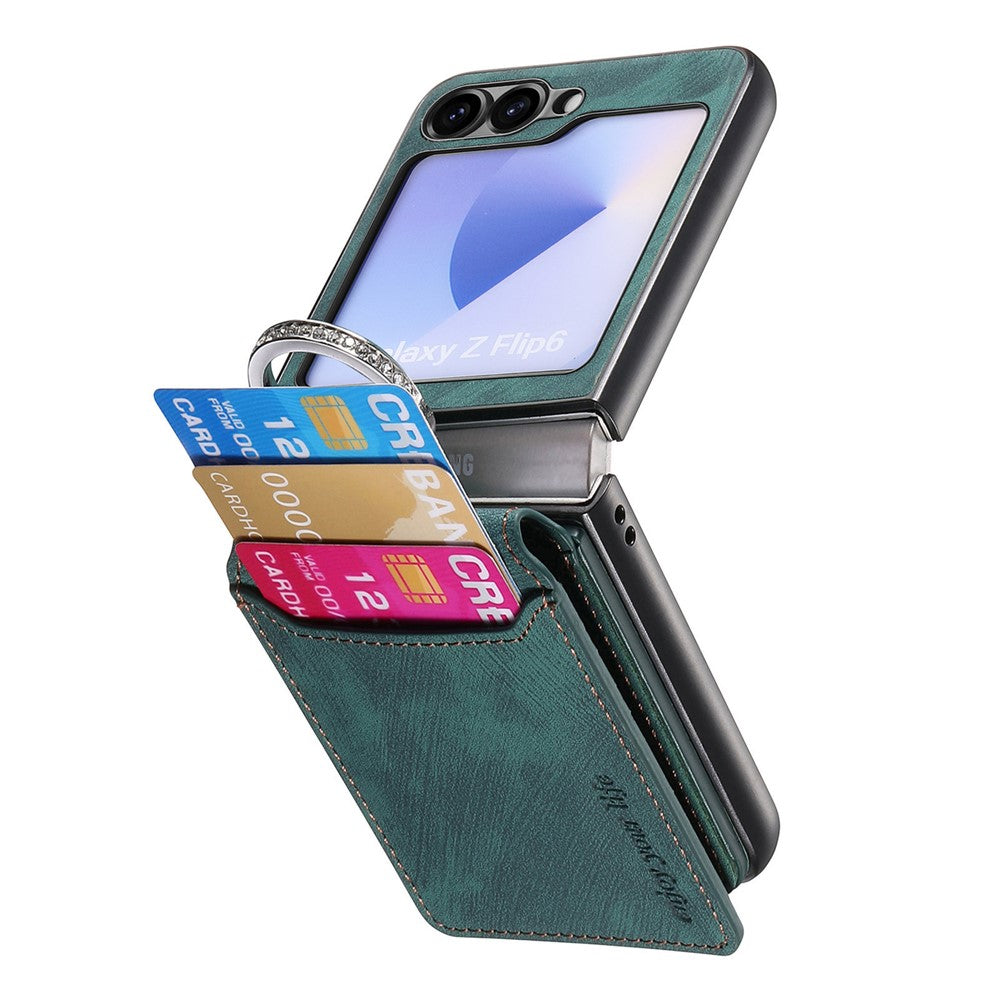 For Samsung Galaxy Z Flip7 FE 5G / Z Flip6 5G Case Card Holder Kickstand Retro Texture Leather Back Cover - Green