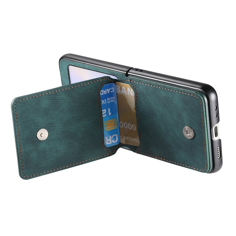For Samsung Galaxy Z Flip7 FE 5G / Z Flip6 5G Case Card Holder Kickstand Retro Texture Leather Back Cover - Green