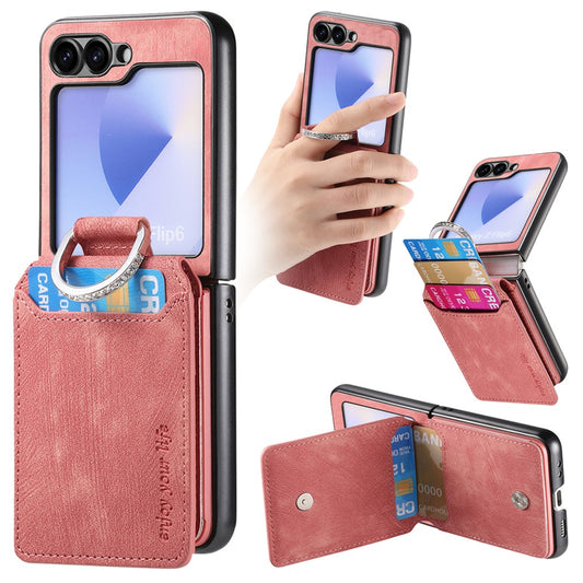 For Samsung Galaxy Z Flip7 FE 5G / Z Flip6 5G Case Card Holder Kickstand Retro Texture Leather Back Cover - Pink