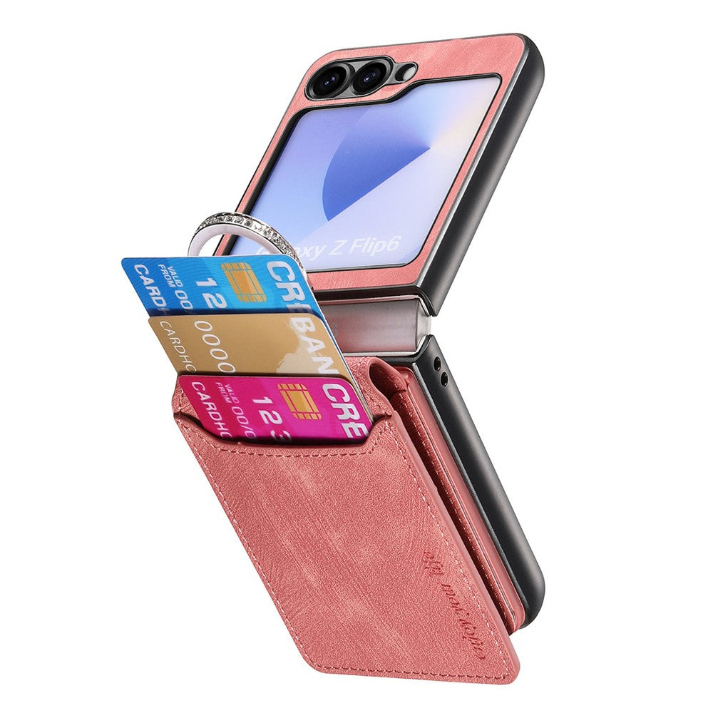 For Samsung Galaxy Z Flip7 FE 5G / Z Flip6 5G Case Card Holder Kickstand Retro Texture Leather Back Cover - Pink