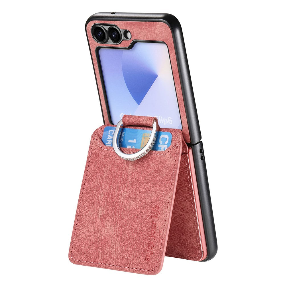 For Samsung Galaxy Z Flip7 FE 5G / Z Flip6 5G Case Card Holder Kickstand Retro Texture Leather Back Cover - Pink