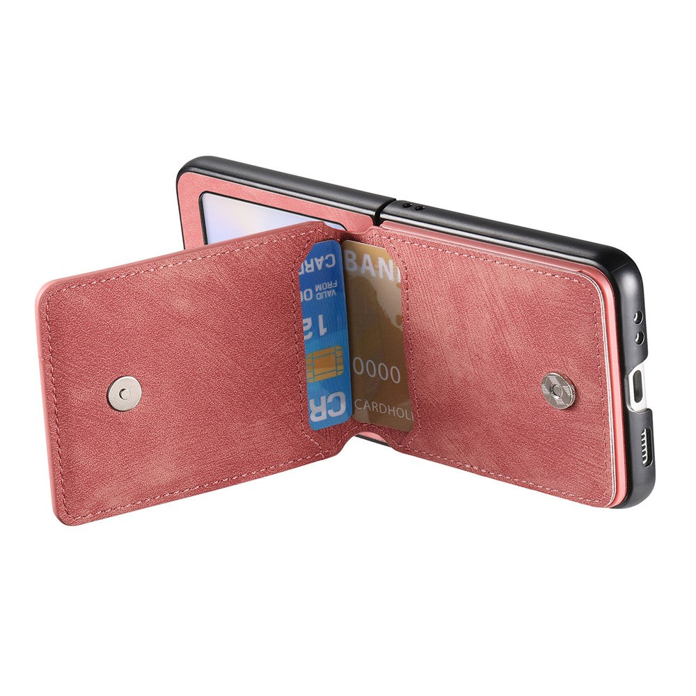 For Samsung Galaxy Z Flip7 FE 5G / Z Flip6 5G Case Card Holder Kickstand Retro Texture Leather Back Cover - Pink