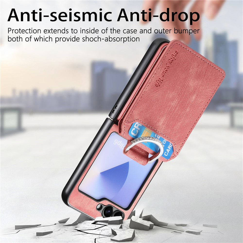 For Samsung Galaxy Z Flip7 FE 5G / Z Flip6 5G Case Card Holder Kickstand Retro Texture Leather Back Cover - Pink