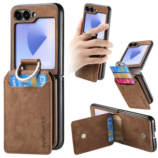 For Samsung Galaxy Z Flip7 FE 5G / Z Flip6 5G Case Card Holder Kickstand Retro Texture Leather Back Cover - Brown