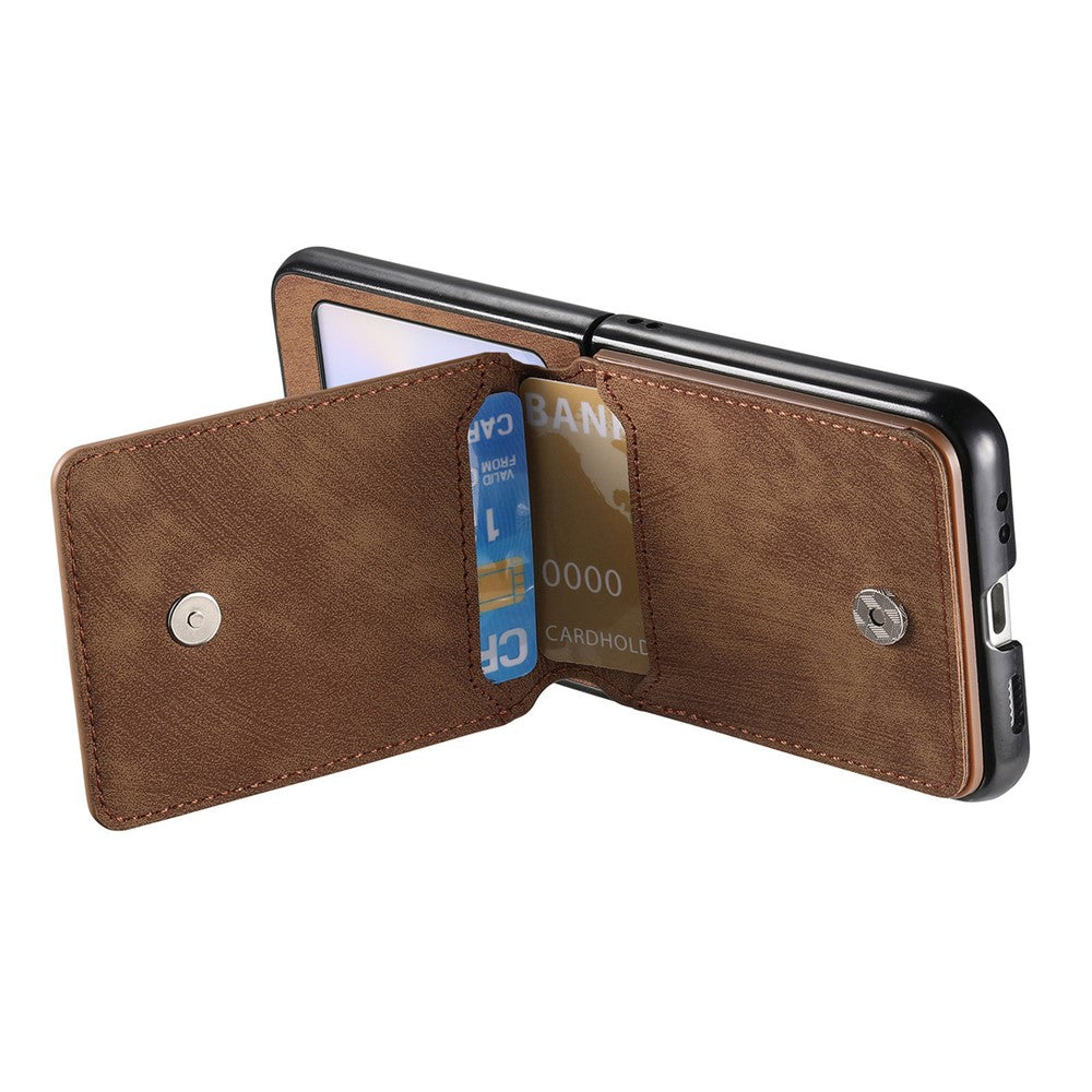 For Samsung Galaxy Z Flip7 FE 5G / Z Flip6 5G Case Card Holder Kickstand Retro Texture Leather Back Cover - Brown