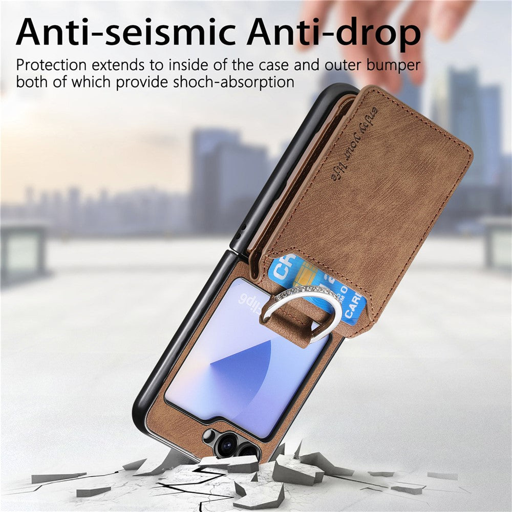 For Samsung Galaxy Z Flip7 FE 5G / Z Flip6 5G Case Card Holder Kickstand Retro Texture Leather Back Cover - Brown