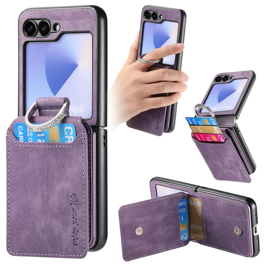 For Samsung Galaxy Z Flip7 FE 5G / Z Flip6 5G Case Card Holder Kickstand Retro Texture Leather Back Cover - Purple