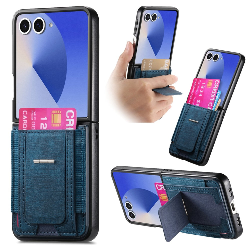 For Samsung Galaxy Z Flip7 5G Case Kickstand Retro Leather Back Cover with Card Holder - Blue