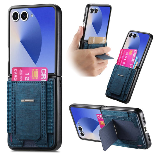For Samsung Galaxy Z Flip7 5G Case Kickstand Retro Leather Back Cover with Card Holder - Blue