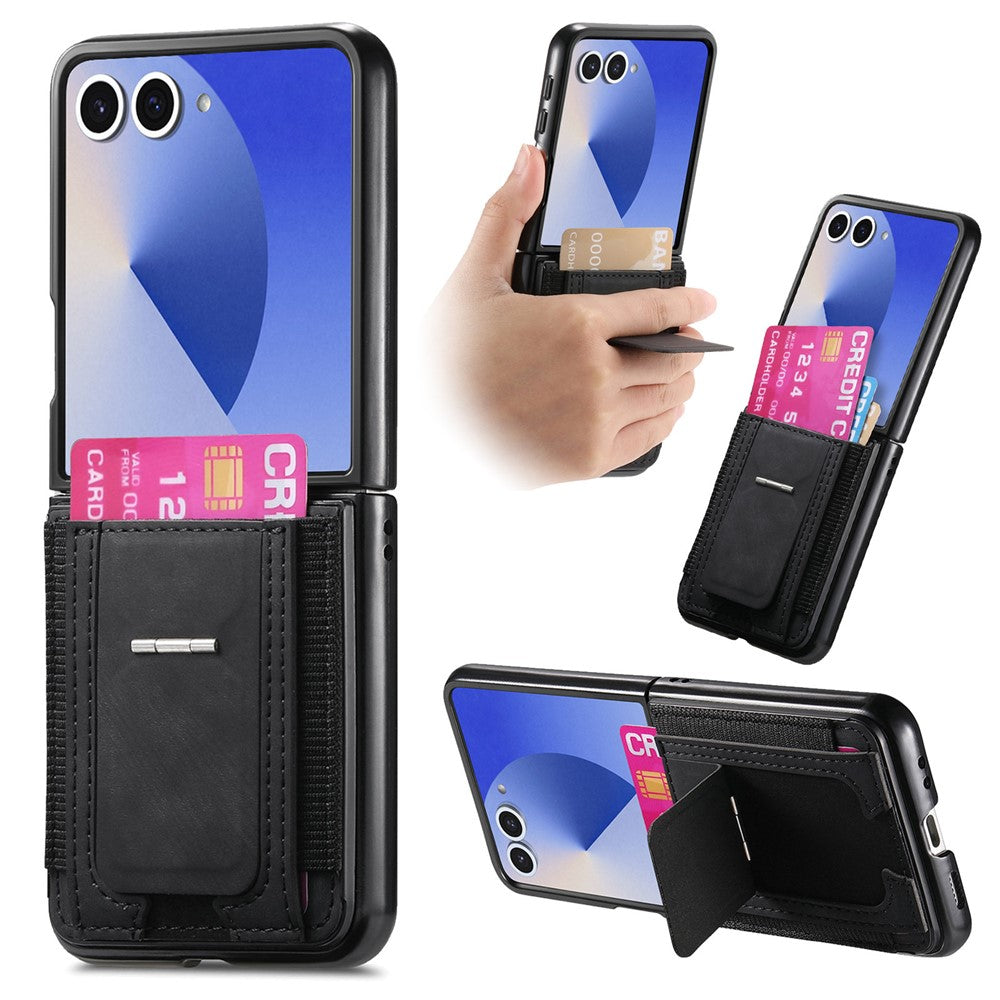 For Samsung Galaxy Z Flip7 5G Case Kickstand Retro Leather Back Cover with Card Holder - Black