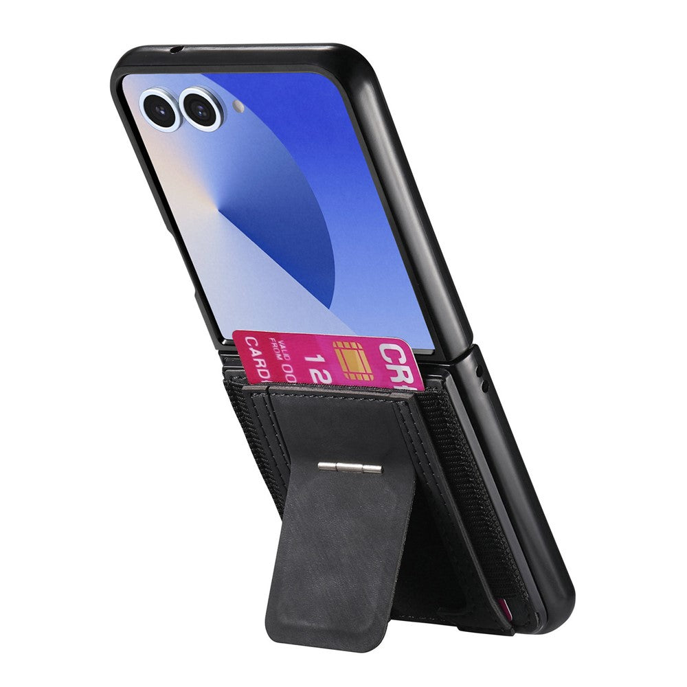 For Samsung Galaxy Z Flip7 5G Case Kickstand Retro Leather Back Cover with Card Holder - Black