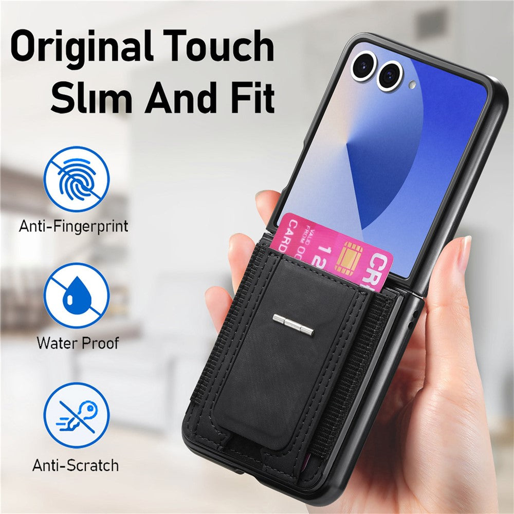 For Samsung Galaxy Z Flip7 5G Case Kickstand Retro Leather Back Cover with Card Holder - Black