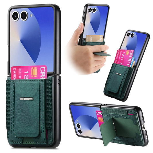 For Samsung Galaxy Z Flip7 5G Case Kickstand Retro Leather Back Cover with Card Holder - Green