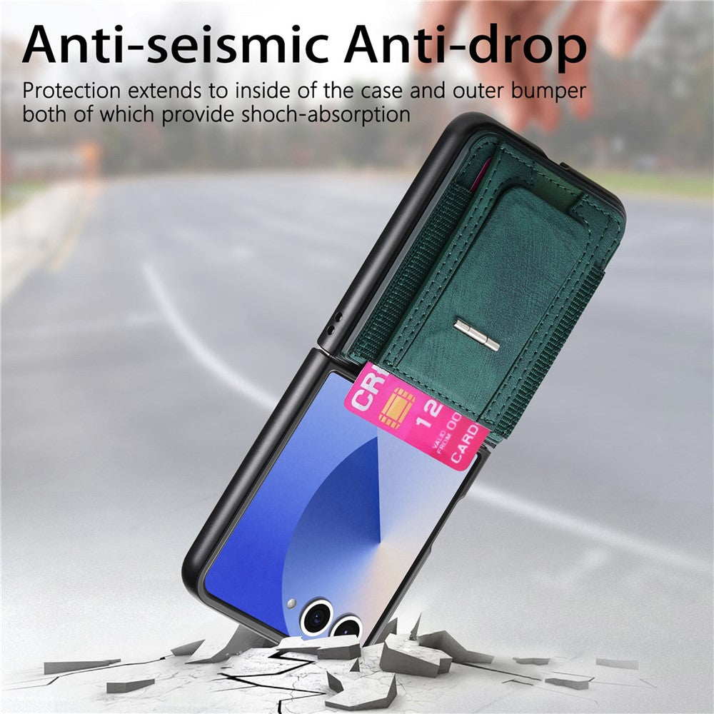 For Samsung Galaxy Z Flip7 5G Case Kickstand Retro Leather Back Cover with Card Holder - Green