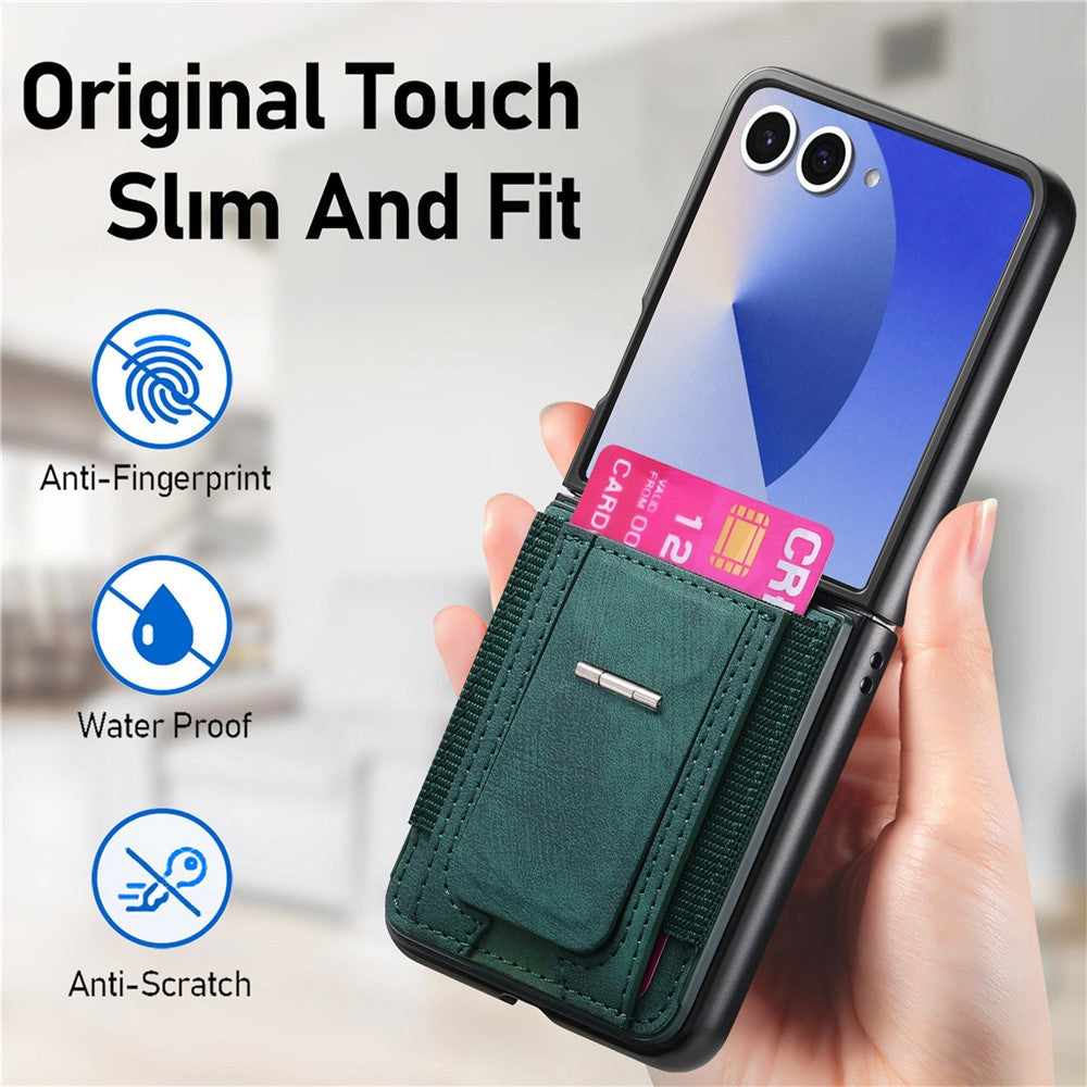 For Samsung Galaxy Z Flip7 5G Case Kickstand Retro Leather Back Cover with Card Holder - Green