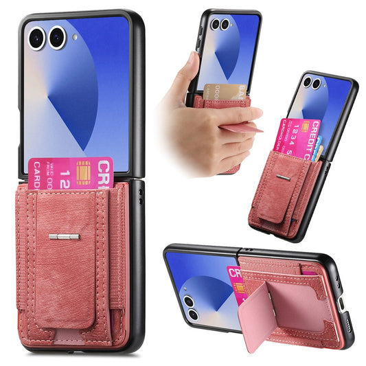 For Samsung Galaxy Z Flip7 5G Case Kickstand Retro Leather Back Cover with Card Holder - Pink
