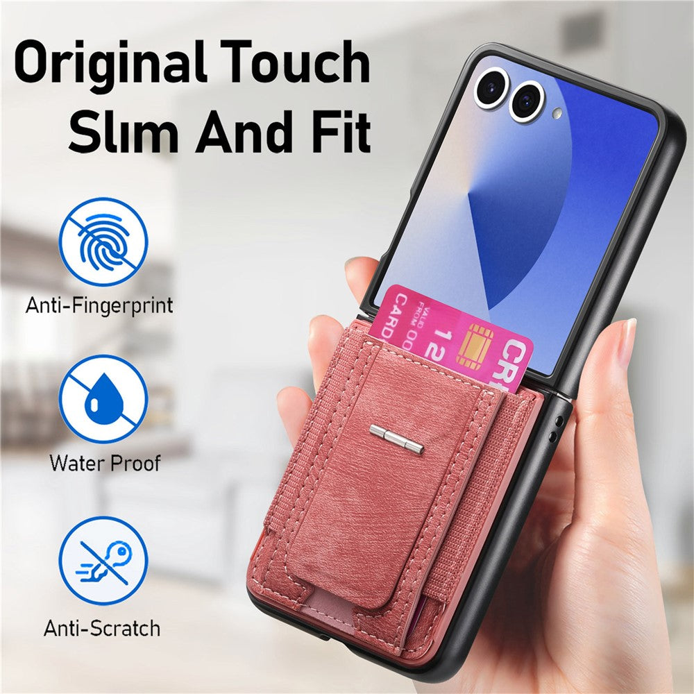 For Samsung Galaxy Z Flip7 5G Case Kickstand Retro Leather Back Cover with Card Holder - Pink