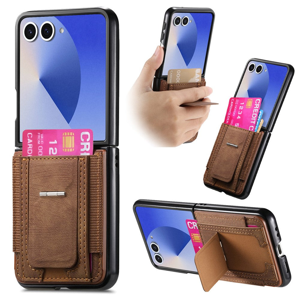 For Samsung Galaxy Z Flip7 5G Case Kickstand Retro Leather Back Cover with Card Holder - Brown
