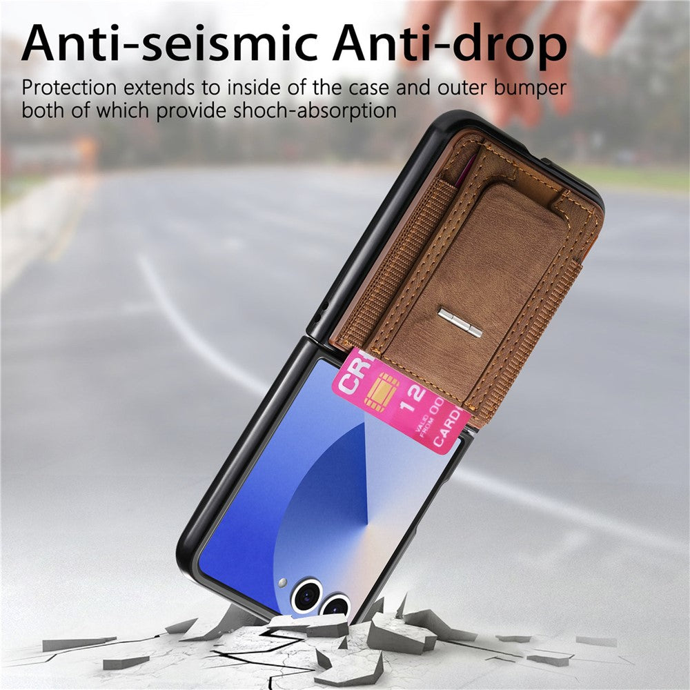 For Samsung Galaxy Z Flip7 5G Case Kickstand Retro Leather Back Cover with Card Holder - Brown