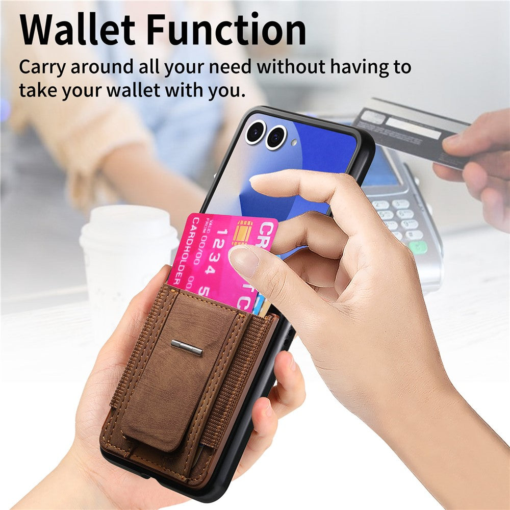 For Samsung Galaxy Z Flip7 5G Case Kickstand Retro Leather Back Cover with Card Holder - Brown