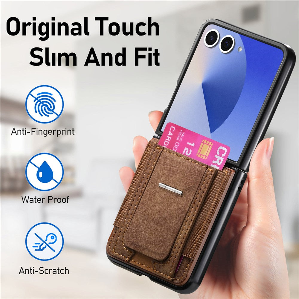 For Samsung Galaxy Z Flip7 5G Case Kickstand Retro Leather Back Cover with Card Holder - Brown