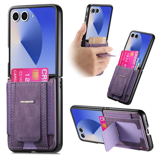 For Samsung Galaxy Z Flip7 5G Case Kickstand Retro Leather Back Cover with Card Holder - Purple
