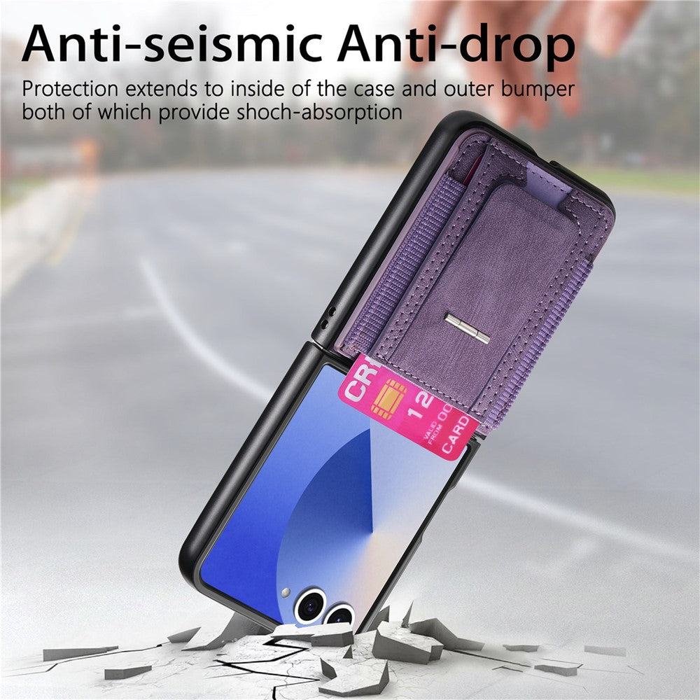 For Samsung Galaxy Z Flip7 5G Case Kickstand Retro Leather Back Cover with Card Holder - Purple