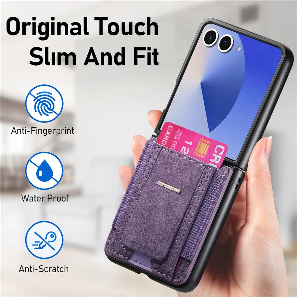 For Samsung Galaxy Z Flip7 5G Case Kickstand Retro Leather Back Cover with Card Holder - Purple