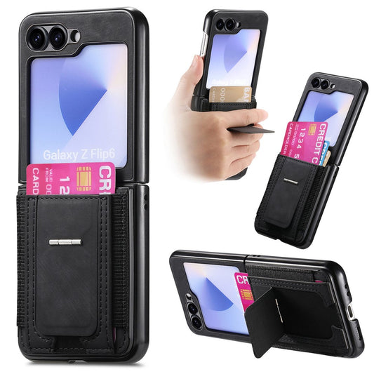 For Samsung Galaxy Z Flip7 FE 5G / Z Flip6 5G Case Kickstand Retro Leather Back Cover with Card Holder - Black