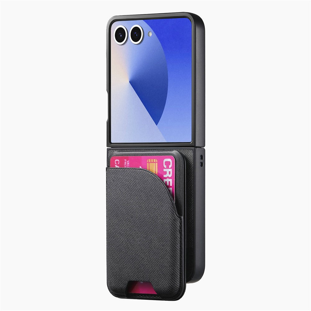For Samsung Galaxy Z Flip7 5G Magnetic Case Kickstand Denim Texture Leather Back Cover with Detachable Card Bag - Black