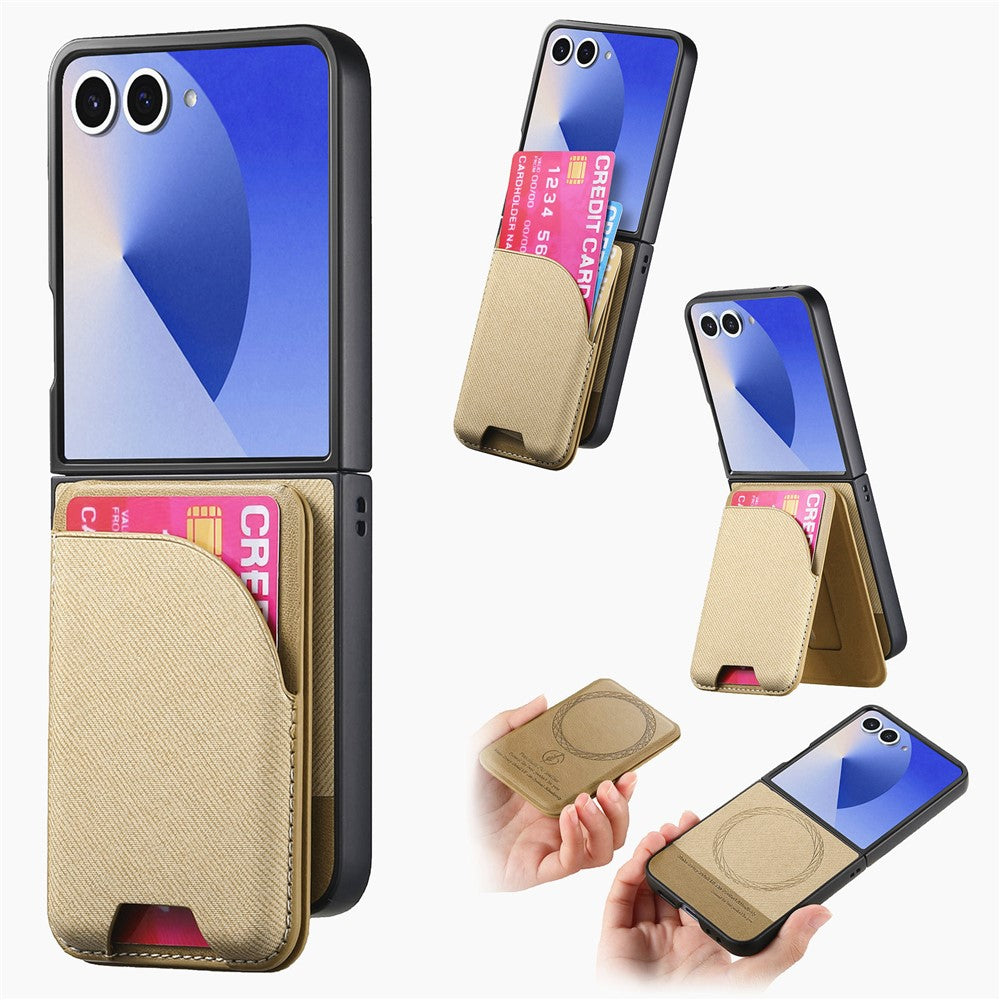 For Samsung Galaxy Z Flip7 5G Magnetic Case Kickstand Denim Texture Leather Back Cover with Detachable Card Bag - Khaki