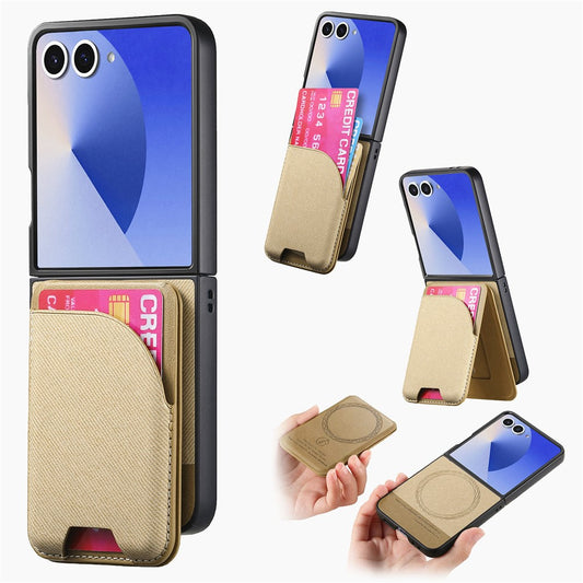 For Samsung Galaxy Z Flip7 5G Magnetic Case Kickstand Denim Texture Leather Back Cover with Detachable Card Bag - Khaki