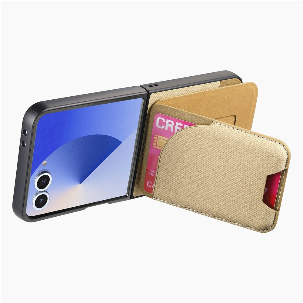 For Samsung Galaxy Z Flip7 5G Magnetic Case Kickstand Denim Texture Leather Back Cover with Detachable Card Bag - Khaki