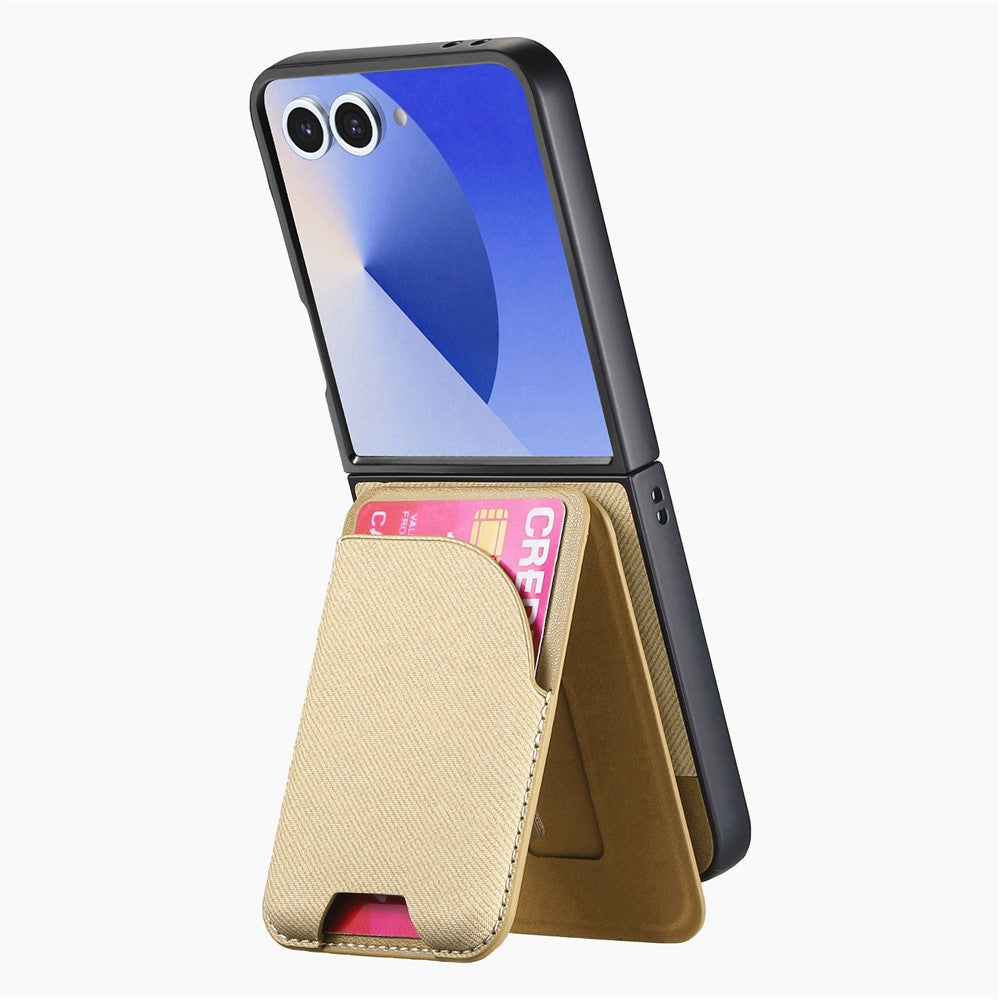 For Samsung Galaxy Z Flip7 5G Magnetic Case Kickstand Denim Texture Leather Back Cover with Detachable Card Bag - Khaki