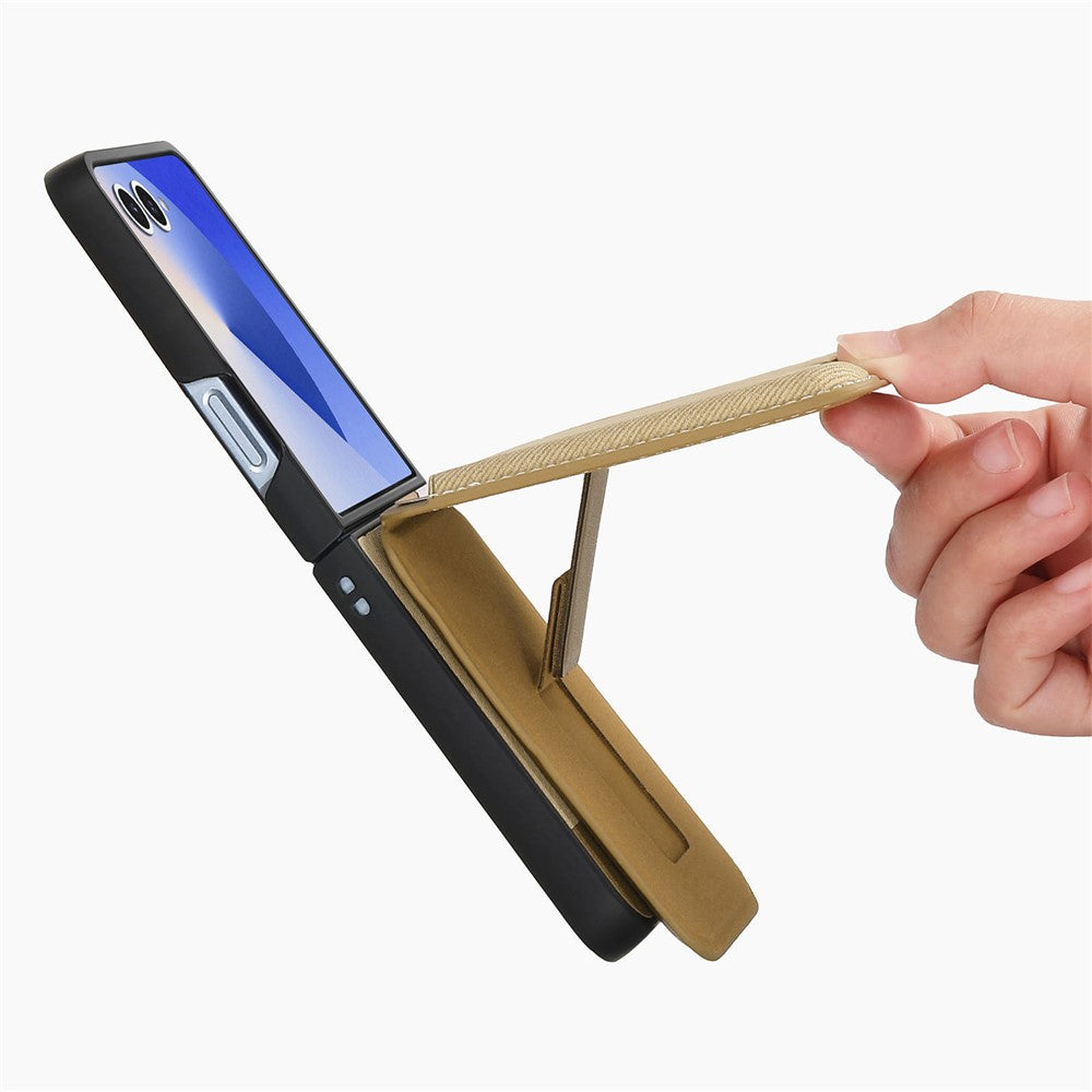 For Samsung Galaxy Z Flip7 5G Magnetic Case Kickstand Denim Texture Leather Back Cover with Detachable Card Bag - Khaki