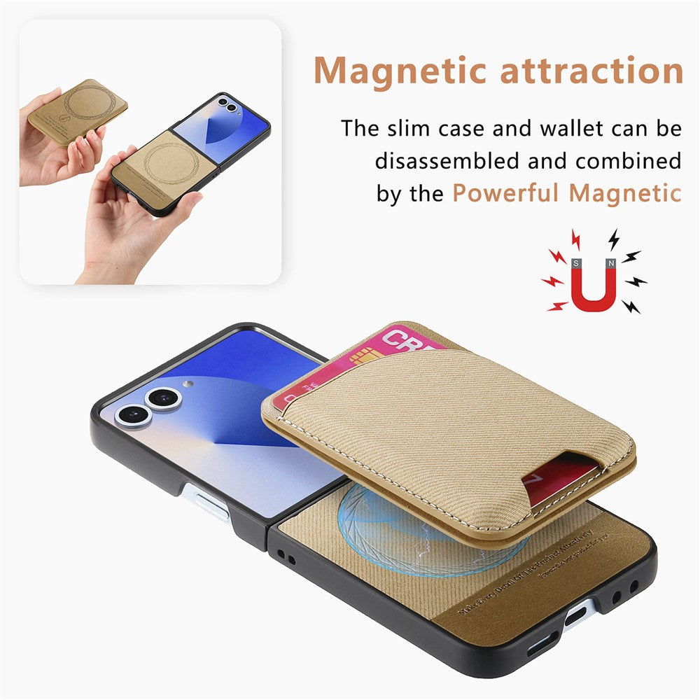 For Samsung Galaxy Z Flip7 5G Magnetic Case Kickstand Denim Texture Leather Back Cover with Detachable Card Bag - Khaki