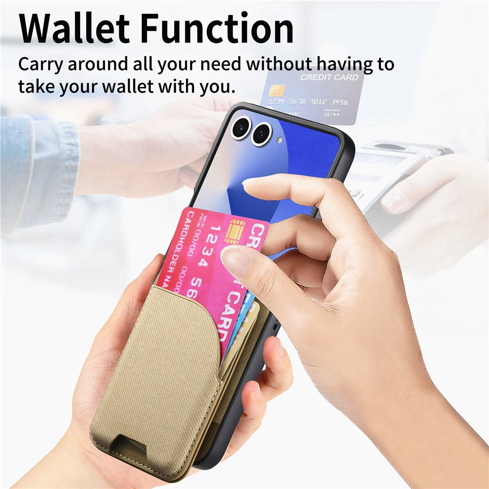 For Samsung Galaxy Z Flip7 5G Magnetic Case Kickstand Denim Texture Leather Back Cover with Detachable Card Bag - Khaki