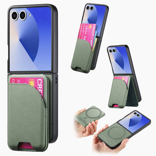 For Samsung Galaxy Z Flip7 5G Magnetic Case Kickstand Denim Texture Leather Back Cover with Detachable Card Bag - Green