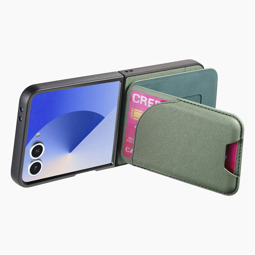 For Samsung Galaxy Z Flip7 5G Magnetic Case Kickstand Denim Texture Leather Back Cover with Detachable Card Bag - Green