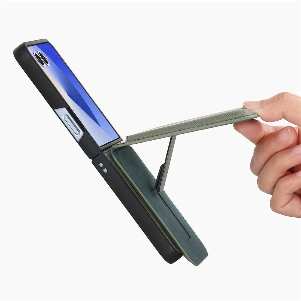 For Samsung Galaxy Z Flip7 5G Magnetic Case Kickstand Denim Texture Leather Back Cover with Detachable Card Bag - Green