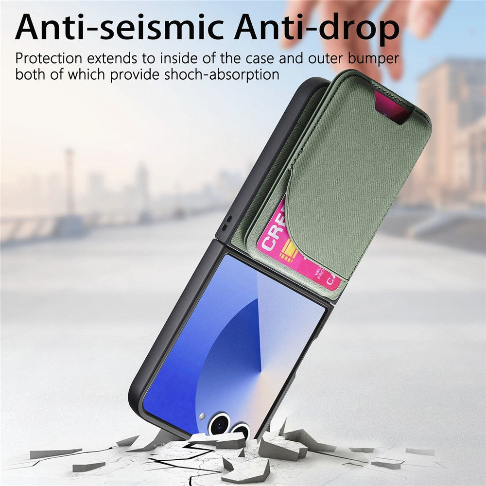 For Samsung Galaxy Z Flip7 5G Magnetic Case Kickstand Denim Texture Leather Back Cover with Detachable Card Bag - Green