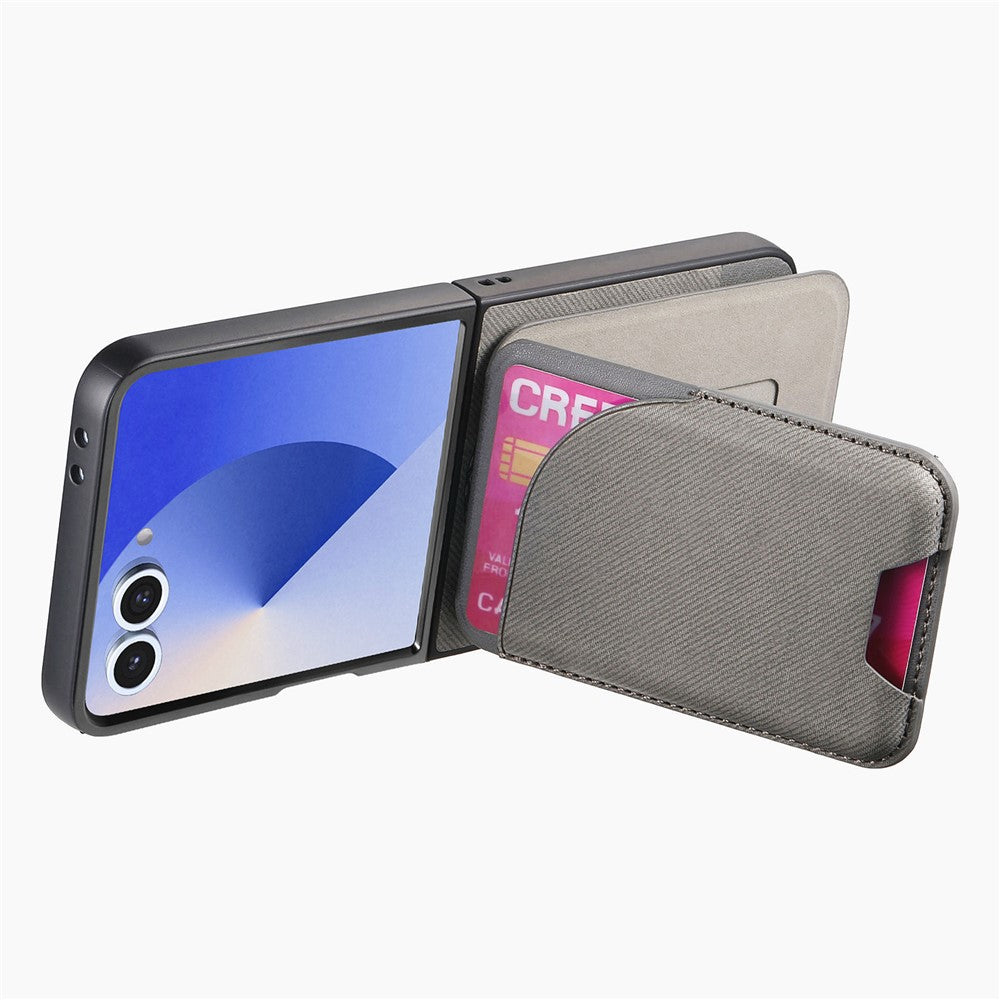 For Samsung Galaxy Z Flip7 5G Magnetic Case Kickstand Denim Texture Leather Back Cover with Detachable Card Bag - Grey
