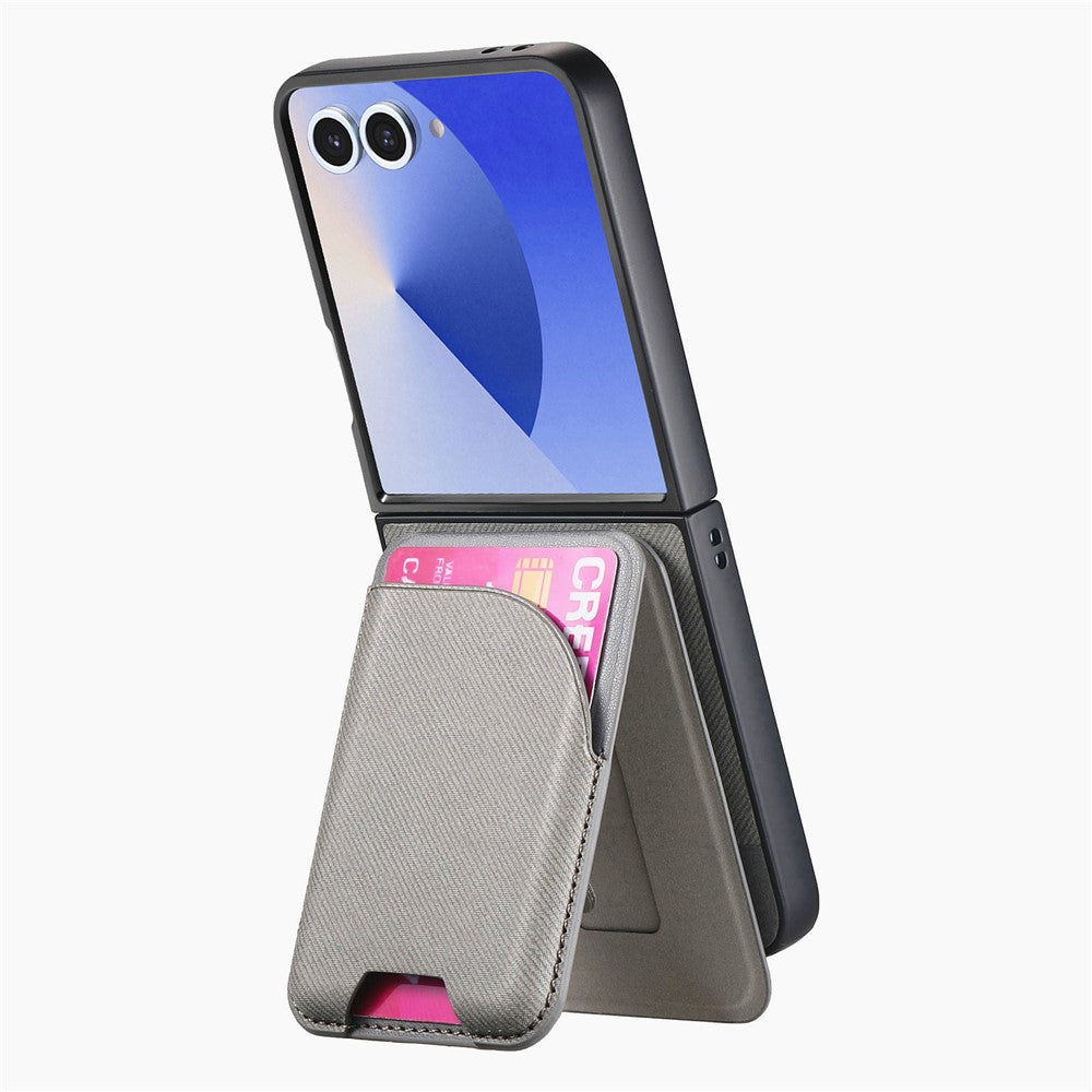 For Samsung Galaxy Z Flip7 5G Magnetic Case Kickstand Denim Texture Leather Back Cover with Detachable Card Bag - Grey