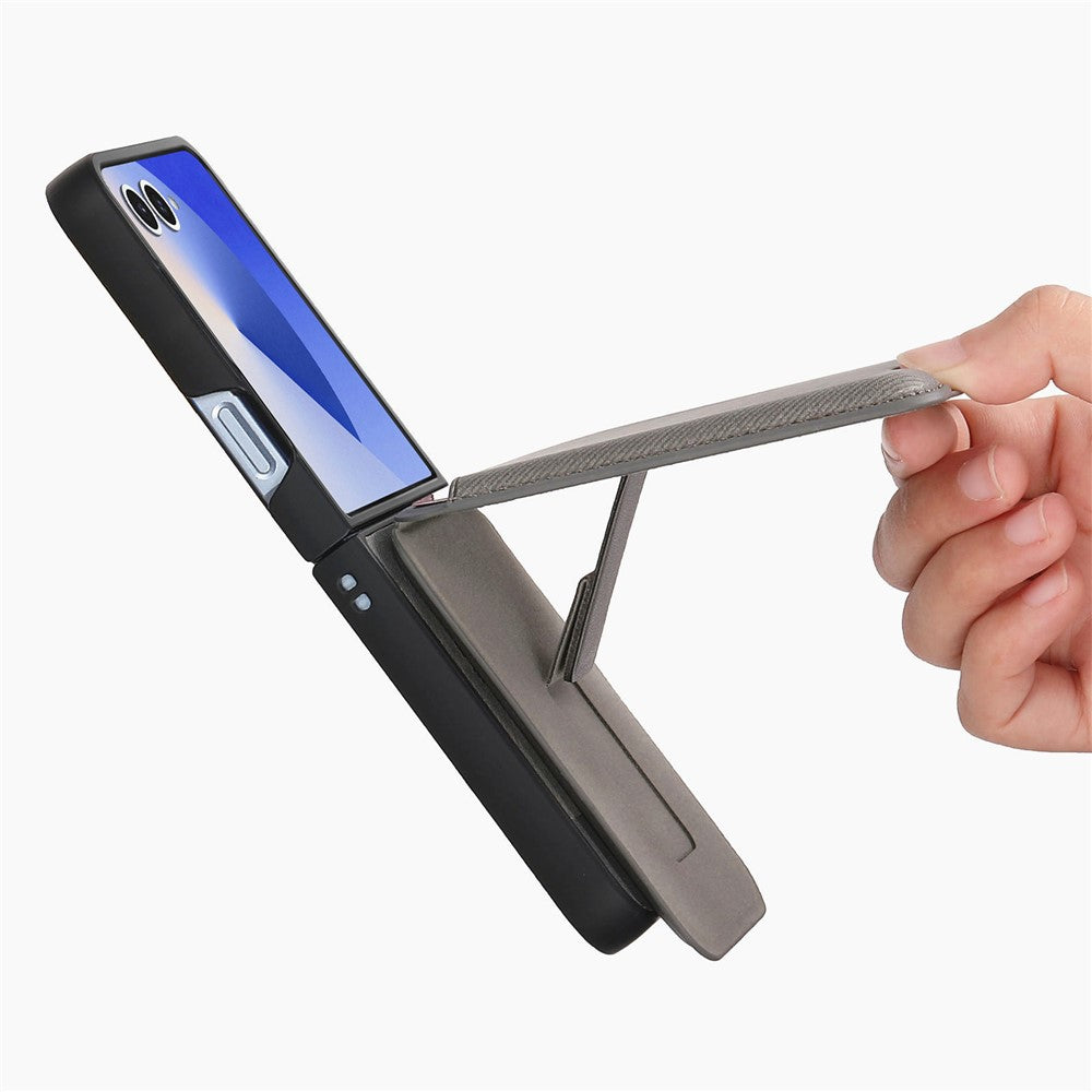 For Samsung Galaxy Z Flip7 5G Magnetic Case Kickstand Denim Texture Leather Back Cover with Detachable Card Bag - Grey