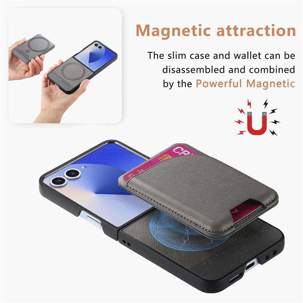 For Samsung Galaxy Z Flip7 5G Magnetic Case Kickstand Denim Texture Leather Back Cover with Detachable Card Bag - Grey