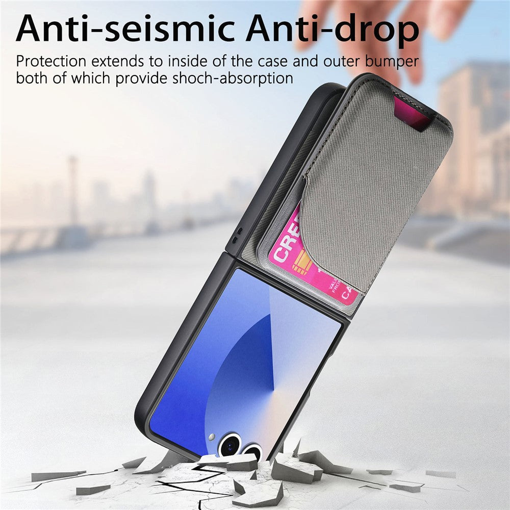 For Samsung Galaxy Z Flip7 5G Magnetic Case Kickstand Denim Texture Leather Back Cover with Detachable Card Bag - Grey