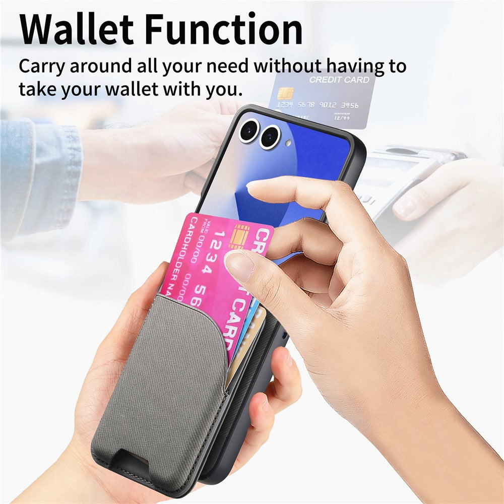 For Samsung Galaxy Z Flip7 5G Magnetic Case Kickstand Denim Texture Leather Back Cover with Detachable Card Bag - Grey