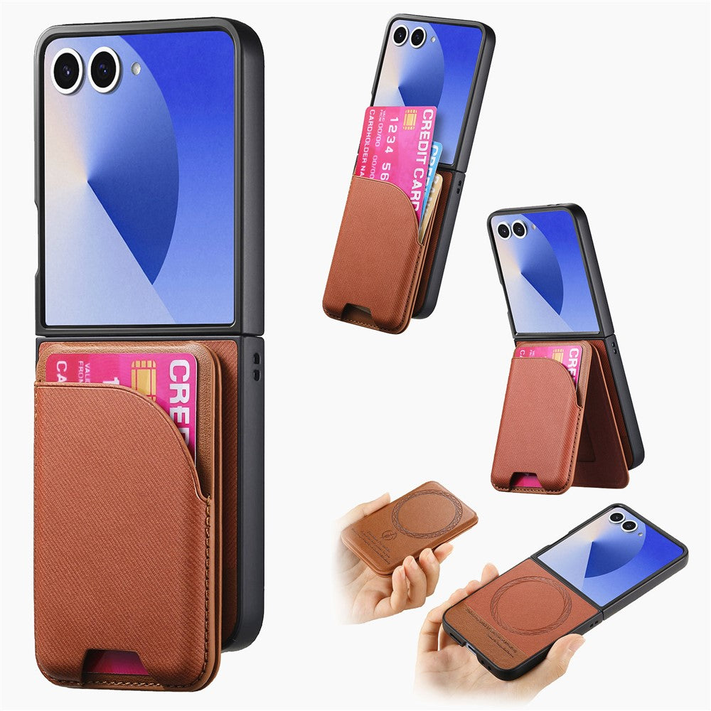 For Samsung Galaxy Z Flip7 5G Magnetic Case Kickstand Denim Texture Leather Back Cover with Detachable Card Bag - Brown