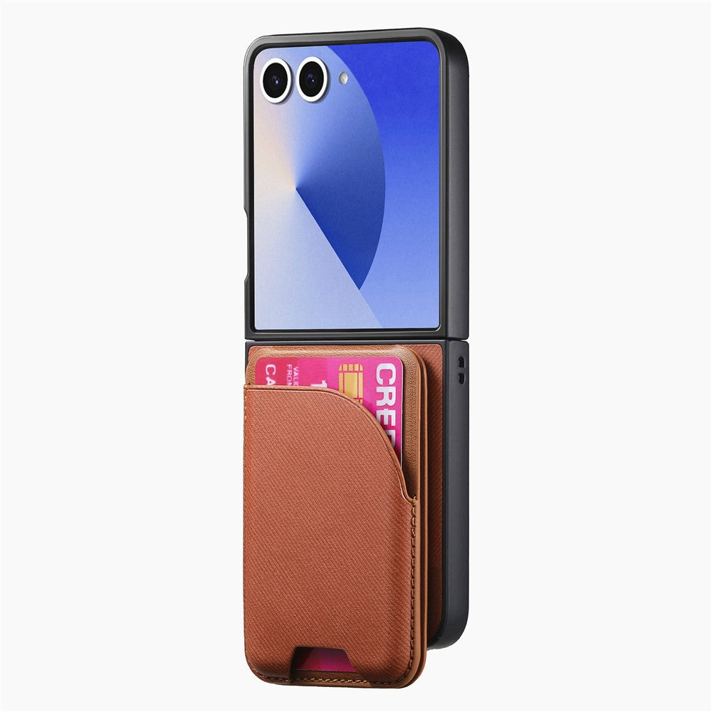 For Samsung Galaxy Z Flip7 5G Magnetic Case Kickstand Denim Texture Leather Back Cover with Detachable Card Bag - Brown