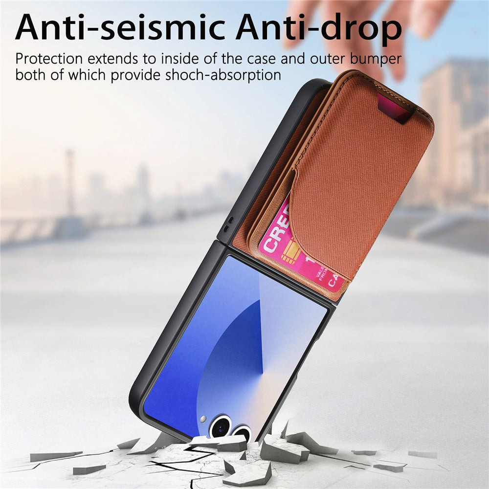 For Samsung Galaxy Z Flip7 5G Magnetic Case Kickstand Denim Texture Leather Back Cover with Detachable Card Bag - Brown